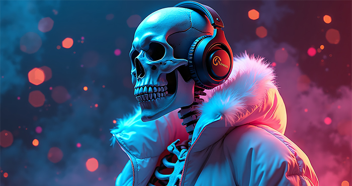 Totenkopf mit Kopfhörern